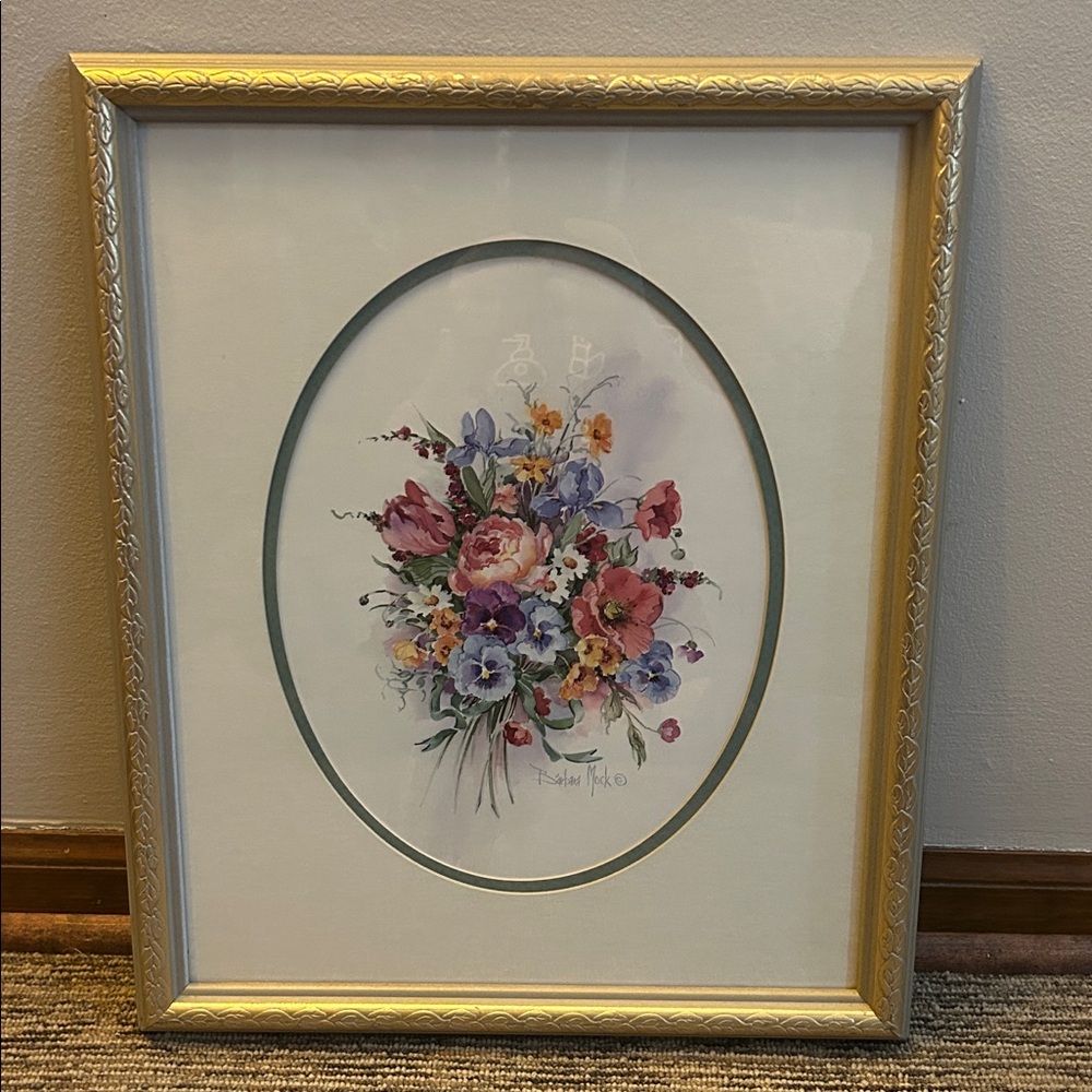 vintage framed Barbara Mock watercolor print- Flower Bouquet w/blue green ribbon